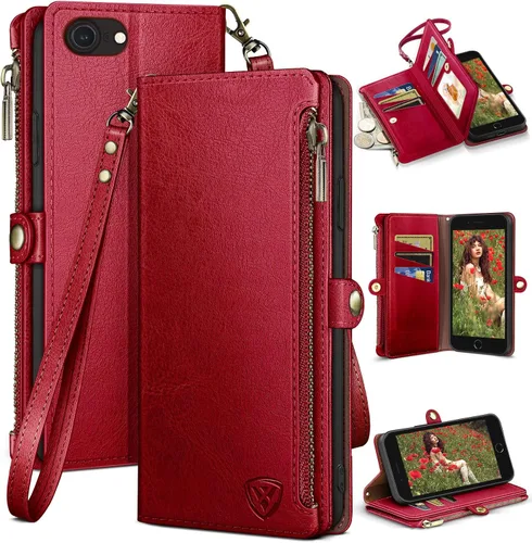 Vista 10 de XcaseBar Compatible con iPhone SE 3rd/7/8 Funda tipo cartera con cremallera y tarjetero de crédito [bloqueo RFID], funda de piel sintética con tapa