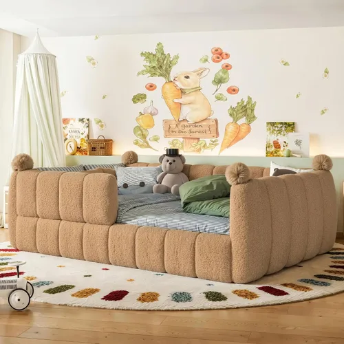 Vista 17 de Bellemave Cama Montessori tapizada de vellón de peluche de tamaño matrimonial con valla, marco de cama infantil de perfil bajo con barandillas
