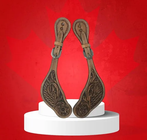Vista 3 de Majestic Ally Western Spur Straps, Genuine Leather, Antique Hand Tooling, Adjustable Stainless Steel Buckle