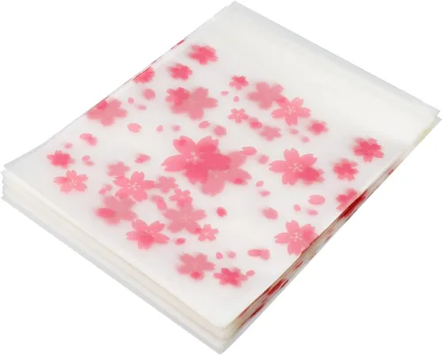 Vista 4 de Bitray 200 bolsas de dulces autosellantes de 5.5 x 5.5 pulgadas, patrón Sakura, autoadhesivas, bolsas de galletas rosas para regalo, bolsas