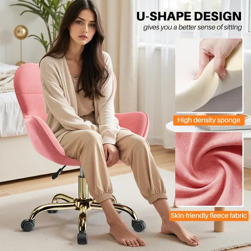 Vista 7 de Silla de tocador con ruedas, bonitas sillas de escritorio de altura ajustable para dormitorio, silla de maquillaje moderna con respaldo (rosa)