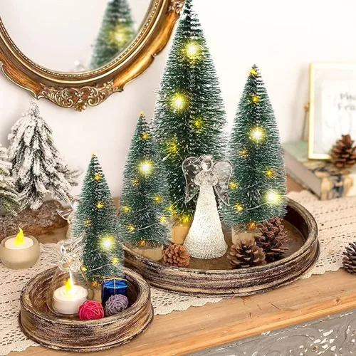 Vista 5 de Mini árbol de Navidad con luces, árboles de Navidad de cepillo de botella con base de madera, mini árbol de pueblo navideño de mesa