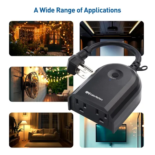 Vista 7 de Cable Matters - Enchufe con control remoto para interiores y exteriores, resistente a la intemperie, con dos tomas de corriente y enchufe plano