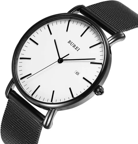 Vista 2 de BUREI Reloj de pulsera analógico de cuarzo ultrafino, calendario de fecha, correa de malla de acero inoxidable