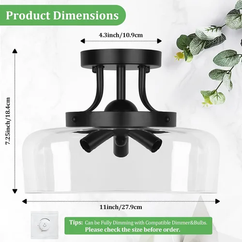 Vista 4 de Lámpara de techo industrial moderna semiempotrada con pantalla de vidrio transparente, lámpara de techo negra de 3 bombillas para cocina
