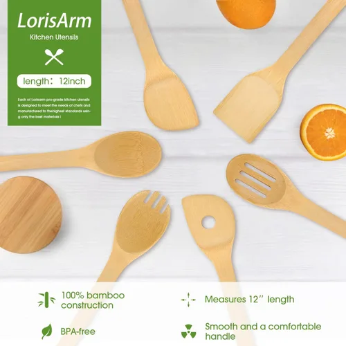 Vista 2 de LorisArm Juego de utensilios de cocina antiadherentes de 12 ″ para cocinar de bambú de 6 piezas, espátula de madera, cuchara antiadherente.
