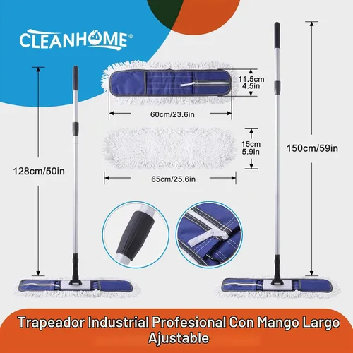 Vista 5 de CLEANHOME - Trapeador de polvo comercial de 24 pulgadas para limpieza de suelos resistente With 59” Extendable Long Handle,Hotel Gym Garage