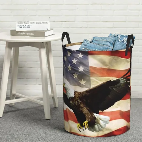 Vista 8 de Cesta circular con estampado de bandera estadounidense con águila moscada, impermeable, cesta organizadora de lavandería, con asas, para ropa