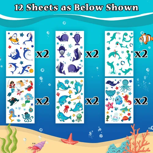 Vista 2 de Partywind Tatuajes temporales azules luminosos bajo el mar para niños, 170 estilos que brillan en el océano, playa, piscina, fiesta de cumpleaños