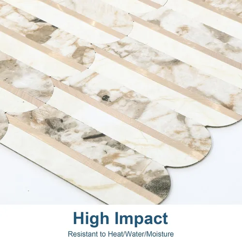Vista 6 de 10 hojas de escamas de pescado para despegar y pegar para azulejos de pared de cocina, 12 pulgadas, mármol marrón, mezcla de metal dorado, azulejos