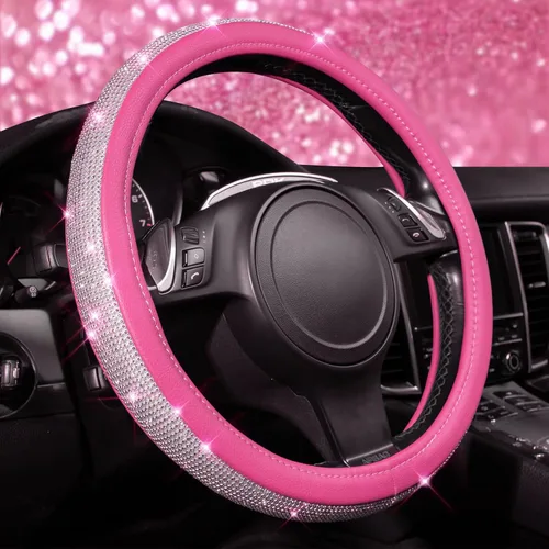 Vista 14 de CAR PASS Funda para volante de cuero beige con diamantes brillantes, cristales blancos brillantes con purpurina y pedrería, ajuste universal de 14