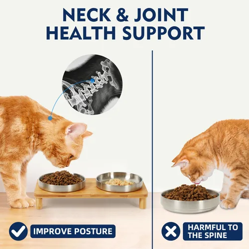 Vista 5 de DoogCat Cuencos elevados para gatos de interior – Mesa elevada de bambú para gatos con 2 platos de acero inoxidable, altura ajustable