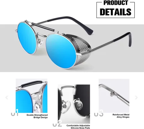 Vista 3 de Retro Round Polarized Steampunk Sunglasses Men Women Side Shield Goggles Gothic S92-ADVANCED POLARIZED