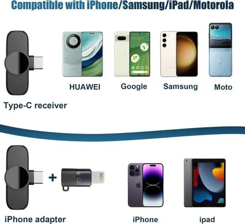Vista 5 de Paquete de 2 micrófonos inalámbricos para iPhone, iPad, Android, portátil, mini micrófono con clip Plug-Play, micrófono de solapa profesional