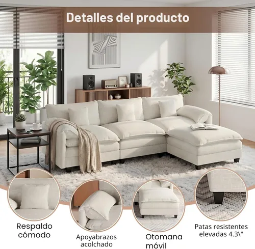 Vista 7 de KCGKCG Sofá modular seccional, cómodo sofá de nube de 108 pulgadas con otomana movible estación de carga bolsillo lateral almohada, sofás