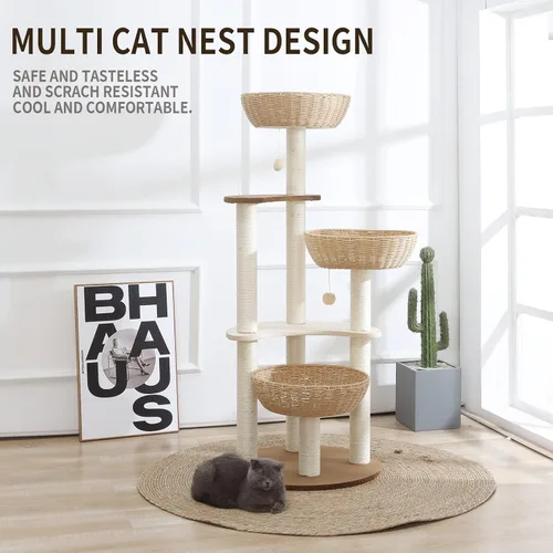Vista 2 de Torre de árbol moderna para gatos de 52 pulgadas para gatos grandes, 3 nidos para gatos tejidos a mano, multinivel, enormes Paws Pals árbol
