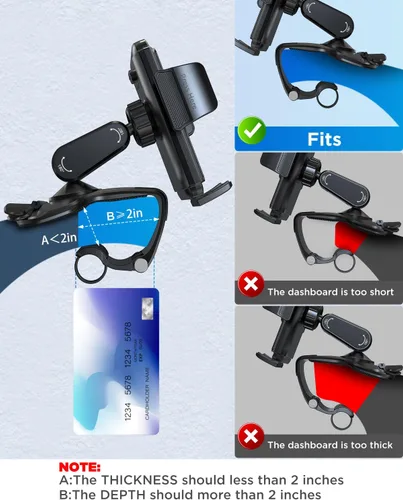 Vista 2 de IPOW Soporte de clip para teléfono del tablero del automóvil, rotación de 360 grados, soporte de abrazadera para teléfono del tablero y volante