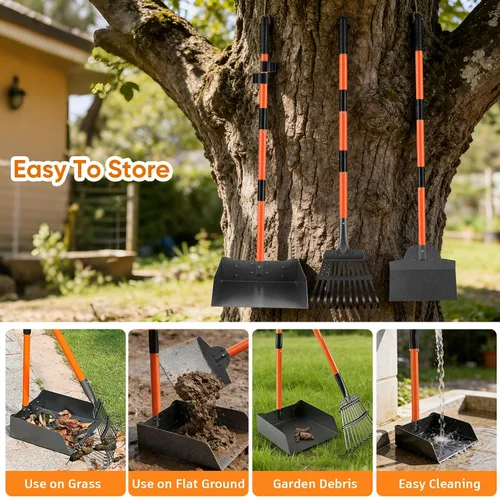 Vista 7 de Recogedor de excrementos de perro de mango largo extra grande para perros, resistente, suministros para mascotas, bandeja de metal inoxidable, juego