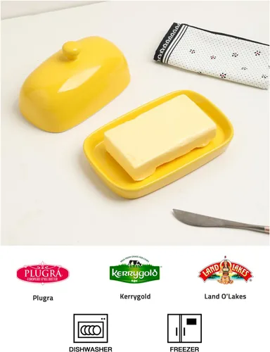 Vista 4 de Sweejar Mantequillera de cerámica con tapa para encimera, recipiente para mantequilla de porcelana con mango de perilla, recipiente para mantequilla