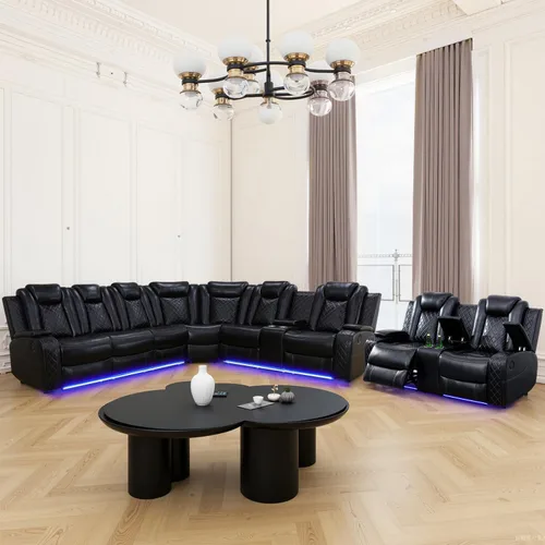 Vista 28 de Juego de sofá modular reclinable eléctrico con luz LED, juego de sofá modular reclinable de cuero, incluye sillón reclinable individual, juego