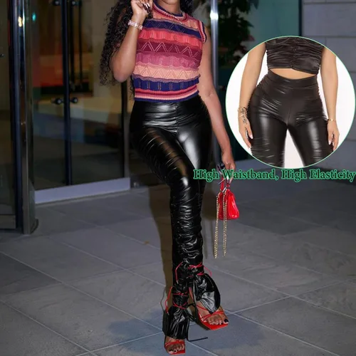 Vista 6 de Leggings de cuero sintético para mujer, mallas de cuero plisadas de cintura alta, pantalones apilados con dobladillo dividido