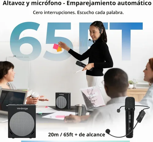 Vista 6 de WinBridge Amplificador de voz portátil con sistema PA de 30 W con micrófonos inalámbricos duales