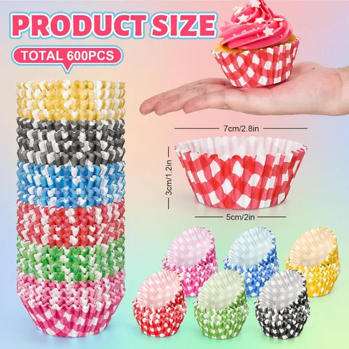 Vista 2 de Whaline 600 forros para cupcakes a cuadros de búfalo, coloridos envoltorios de cupcakes a cuadros para hornear muffins para baby shower, boda