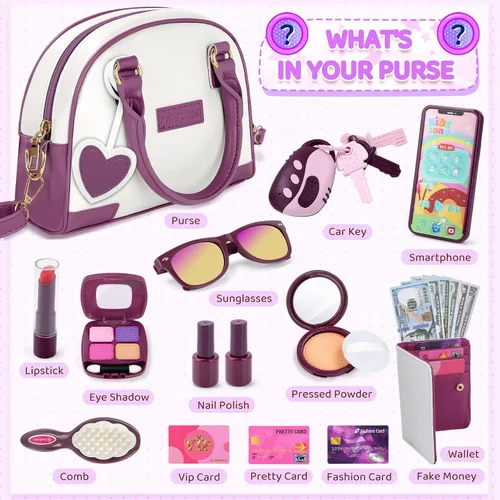 Vista 6 de INNOCHEER Bolso de niñas pequeñas, bolso de juguete para niños con maquillaje de fantasía, bolso de juego para niñas pequeñas, bolso de juego