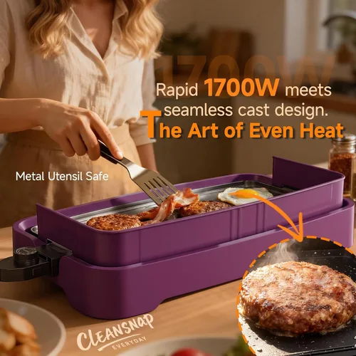 Vista 2 de Cleansnap - Plancha eléctrica diaria, gran regalo para fiestas familiares, parrilla antiadherente de 20 pulgadas con escudo plegable