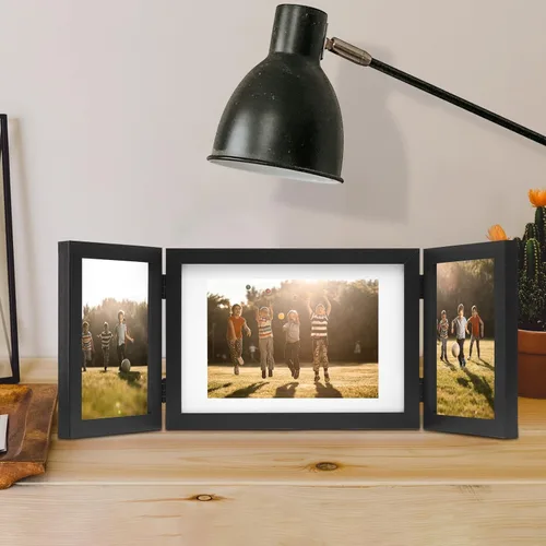 Vista 2 de 3 marcos de fotos plegables con bisagras de 4 x 6 y 5 x 7 pulgadas, múltiples marcos de fotos de madera para escritorio con paspartú para mesa