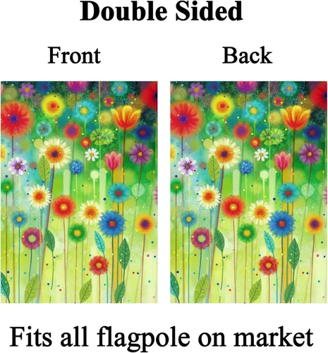 Vista 2 de Bandera abstracta de acuarela de primavera con flores verdes de temporada, pintura artística para jardín, patio, 12 x 18 pulgadas, poliéster