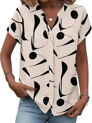 Vista 18 de Zeagoo Camisas con botones para mujer, camisetas de manga corta, cuello en V, blusas casuales de negocios