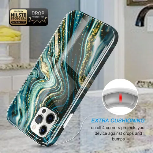 Vista 3 de luolnh Funda dorada con purpurina brillante compatible con iPhone 14 Pro, diseño de mármol, a prueba de golpes, delgada, de silicona suave, funda