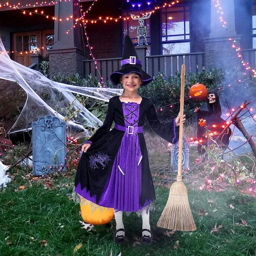 Vista 7 de Disfraz de bruja para niñas, fiesta de Halloween, conjunto de lujo con falda de sombrero para niñas