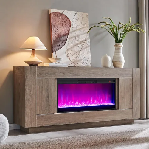 Vista 3 de OKD Soporte de TV con chimenea de 70 pulgadas para TV de 80 pulgadas Aliso Gris