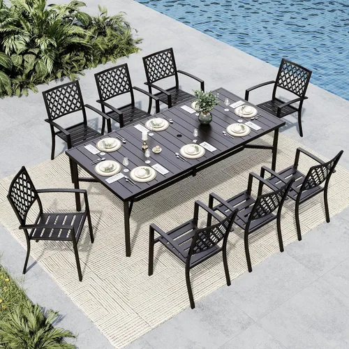 Vista 16 de MFSTUDIO Juego de comedor al aire libre para 8, juego de mesa y sillas de metal para patio, juego de muebles de patio de 9 piezas, juego de comedor