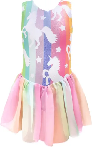 Vista 4 de EQSJIU Leotardos de gimnasia con falda para niñas, tutú de ballet, vestido de danza, leopardo, sirena, unicornio, falda de gimnasia