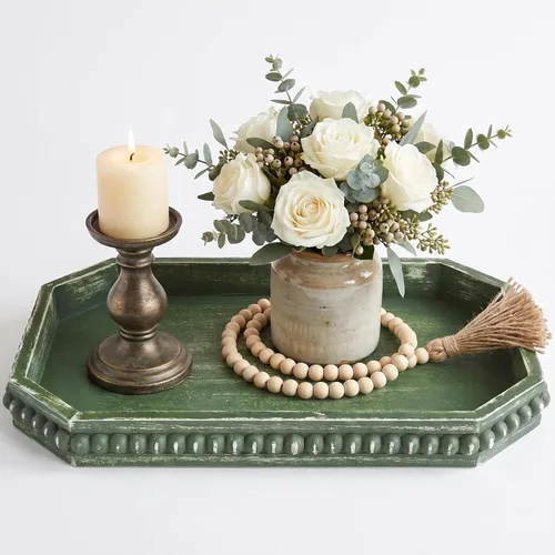 Vista 11 de Hrastany Bandeja de Servir Rústica de Madera con Cuentas, Bandeja Decorativa de Granja en Negro para Centro de Mesa, Decoración Navideña de Boda