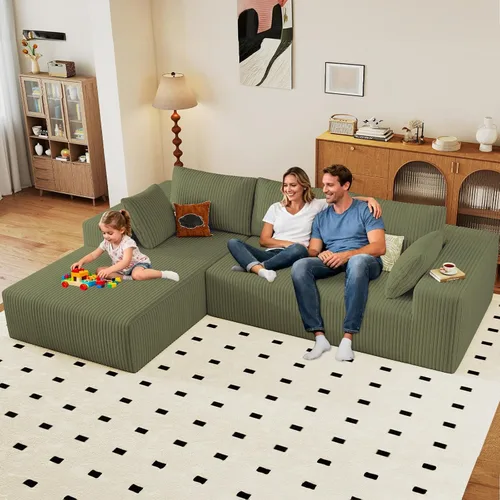 Vista 65 de Sofá modular de 96 pulgadas en forma de L, sofá modular de 3 asientos, sofá modular de pana de espuma viscoelástica sin hueso para sala de estar