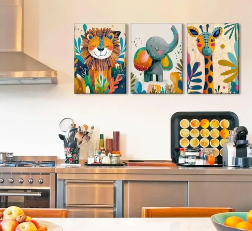 Vista 3 de 3 piezas de lienzo de animales de safari para guardería, arte de pared, lindo elefante acuarela, jirafa, león, decoración de pared, coloridos Póster