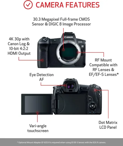 Vista 3 de Canon - Cámara digital EOS R sin espejo (solo cuerpo) Cámara para vlogging y creador de contenido, 4K UHD, AF/AE digital de lente única no refleja