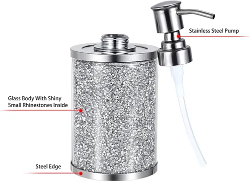 Vista 3 de JUXYES Botella dispensadora de jabón con diamantes triturados de cristal chispeante con bomba de acero inoxidable, lujoso dispensador de loción