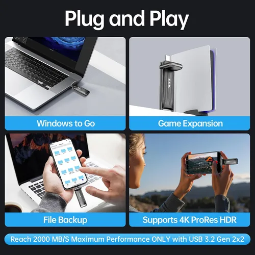 Vista 5 de SSK Unidad Flash USB C de 1TB Máximo hasta 2000mb/s Disco Duro Externo Rápido USB 3.2 Gen 2x2 SSD Externo Portátil Thumb Drive Aleación de Zinc USB