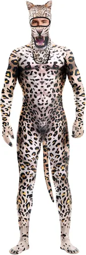 Vista 6 de Disfraz de animal para hombre con estampado de cola grande, overol peludo de elastano para cosplay, fiesta de Halloween