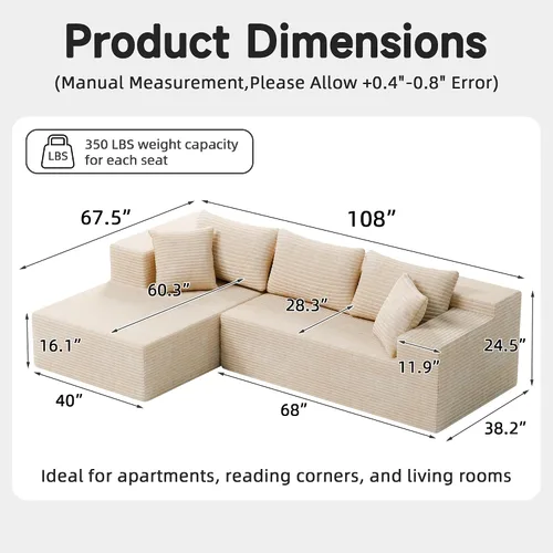Vista 2 de Bashaw Sofá modular Cloud de 108 pulgadas sin hueso con diván, sofá modular en forma de L, asiento profundo, sofá comprimido de espuma viscoelástica