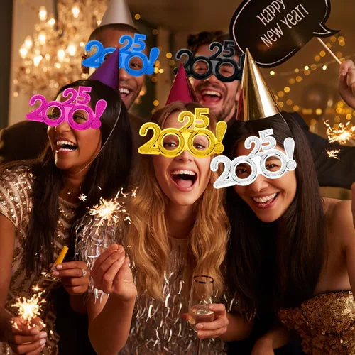 Vista 4 de Syhood 6 piezas de marcos de lentes de Año Nuevo 2025 con purpurina 2025, suministros de fiesta de Año Nuevo, gafas de vidrio novedosas para Año