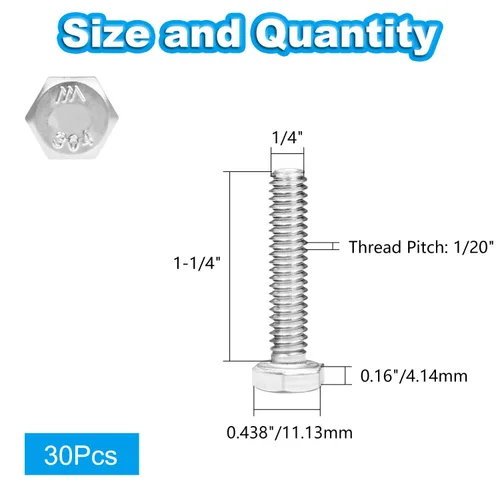 Vista 2 de 30 tornillos hexagonales de 1/4-20 x 1-1/4 pulgadas, tornillos de cabeza hexagonal de 1/4 a 20, acero inoxidable 304, accionamiento hexagonal