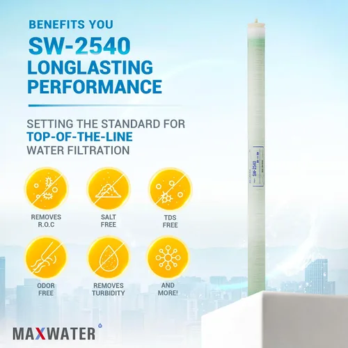 Vista 5 de Max Water Membrana RO SW-2540 de 25" x 40" - Agua de Mar RO 750 GPD para desalinización, comercial, agrícola y tratamiento de agua municipal 99.7%