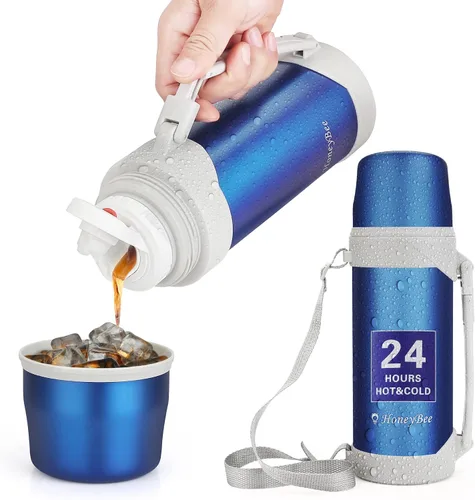 Vista 7 de HoneyBee Hot Drinks Mantiene el líquido caliente o frío hasta 24 horas, termo de café de 41 onzas, termo de acero inoxidable 18/8, sin BPA, termo