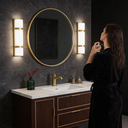 Vista 2 de Juego de 2 apliques de pared modernos para baño de 16 pulgadas, aplique de pared LED dorado con vidrio esmerilado blanco artesanal, iluminación
